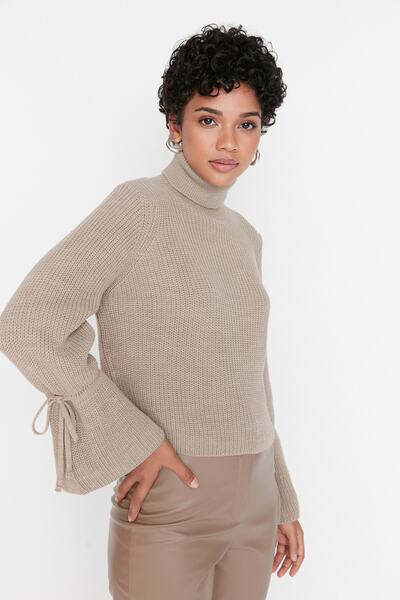 Trendyol Collection Sweter z dzianiny taupe i rękawami TWOAW23KZ01491