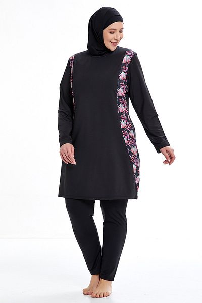 MEBA Lycra Battalini Plus Size floral μοτίβο μακρυμάνικο πλήρως καλυμμένο μαύρο μαγιό χιτζάμπ