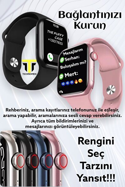 TECHNOMEN Watch 7 Smartwatch 2022 Yeni Akıllı Saat Bluetooth Çağrı Konum Takip Siri Nfc Android Ios.