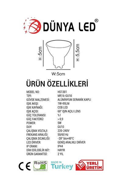 DÜNYA LED Hs.1301/3 5w Led Spot Gu10 3000k Günışığı Yüksek Lümen Kolay Kullanım Fiyat Performansı