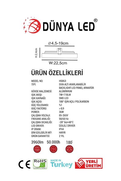 DÜNYA LED Hs.063/3 36w Delik Çapı Ayarlanabilir Sıva Altı Backlıght Panel Spot Lamba 3000k Günışığı