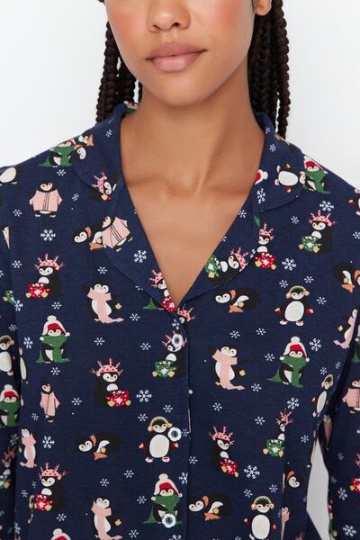 Trendyol Collection Pingvin mintás sötétkék pamut téli hálóruha szett - THMAW23PT00150