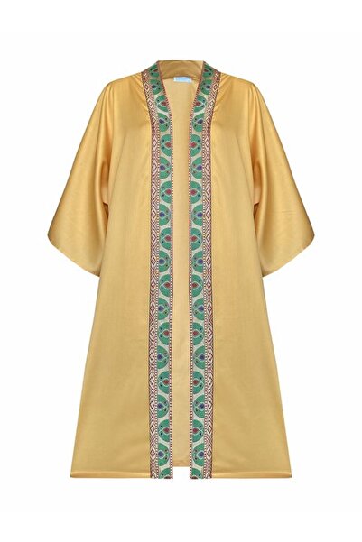Marever Fashion Etnik Patlı Vual Saten Kimono Kaftan Hardal