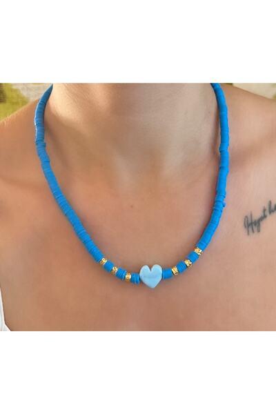 Markiz Takı قلادة فيمو على شكل قلب من زجاج مورانو الأزرق بطول 45 سم + وصلة 5 سم