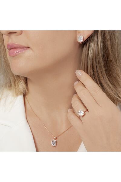 RevSilver 925 Kadın Gümüş Set Baget Taşlı Yüksek Kaliteli Hediye Takı Kolye Y...