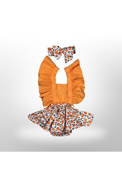 ELA MAMA Éla Mamá Kız Bebek Portakal Desen Salopet Bandana
