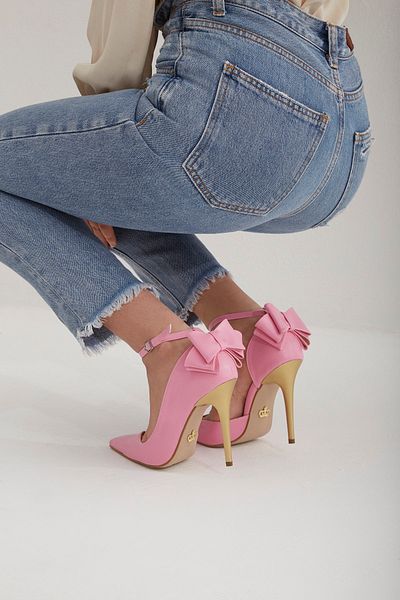 AYAKKABI PRENSİ Damia Ankle Strap Bow Tie Detailed Pink Matte 10 cm Women's Stiletto, High Heels