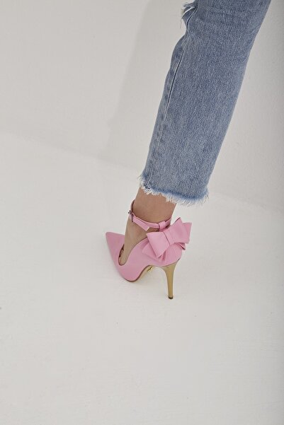AYAKKABI PRENSİ Damia Bilekten Bantlı Papyon Detaylı Pembe Mat 10 Cm Kadın Stiletto, Topuklu Ayakkabı