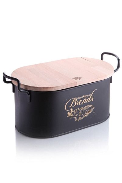 LeesHome Luxury Metal Bread Storage Box with Bamboo Lid Black