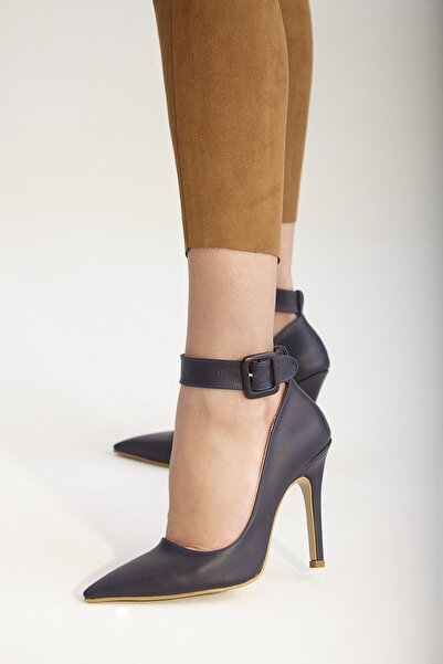 AYAKKABI PRENSİ Obsidian Ankle Strap Navy Blue Matte 10 cm Women's Stiletto, High Heels