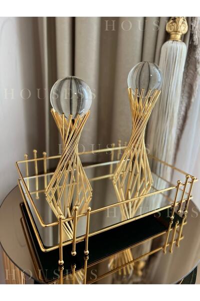 Housess 2'li Burgulu Gold Çapraz Ayaklı Küre Ve Dikdörtgen Misketli Tepsi Dekoratif Süs