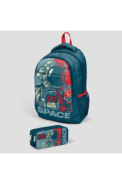 Coral High Kids Indigo Red Astronaut Patterned Three-Compartment School Backpack and Two-Compartment Pen Bell