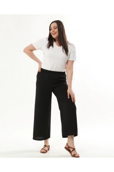 DİVAL Women's Black Elastic Waist Plus Size Ayrobin Trousers