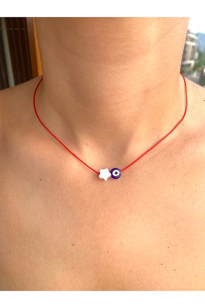 Atelier Çağla Glass Evil Eye Beaded Mother of Pearl Star Red Rope Necklace
