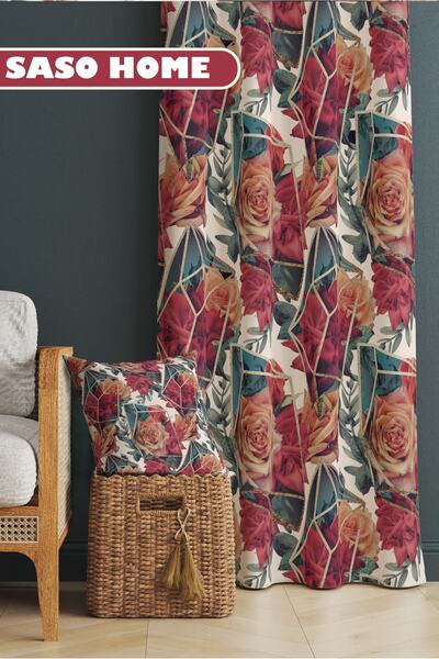 SasoHome Summer Roses - Summer Roses Patterned 140 X 270 Cm Digital Printed Background Curtain (Single Wing)
