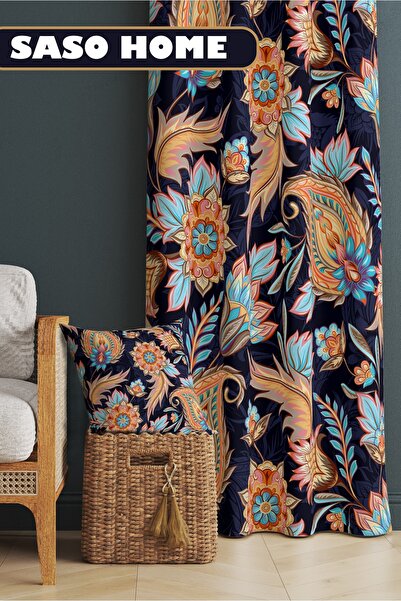 SasoHome Sun Dream Turcoaz Lalele - Cortina de fundal cu model de lalele 140 X 270 cm imprimata digitala (aripa simpla)