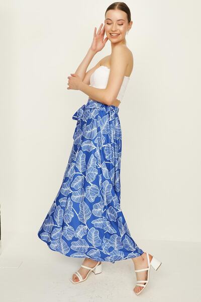 Select Moda Жіноча довга спідниця з поясом і воланами, синього кольору з синім візерунком