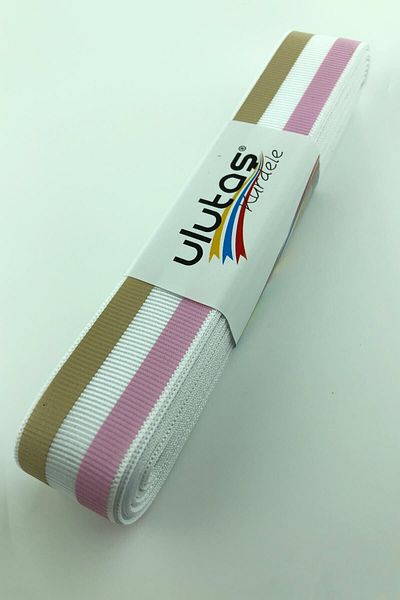 Ulutaş Λευκό φόντο Μπεζ ροζ ρίγα με στάμπα Grosgrain κορδέλα 1 μέτρο 2,5 cm – κορδέλα