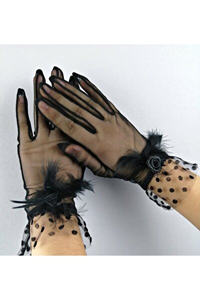 Bontex Ειδικά Μαύρα Γάντια Νύφης με Φτερά Οτρίσ για Νύφες - Γάντια για Πάρτι