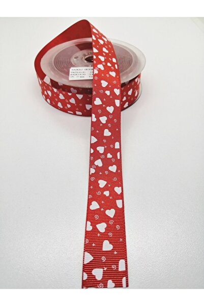Genel Markalar Kırmızı Beyaz Kalp Üçgen Desenli Grogren Kurdele 2,5 Cm 2 Metr...