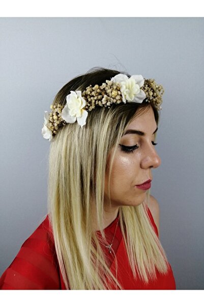 Bontex Coroană de flori uscate cremă florală albă pentru femei – Coroană – Co...