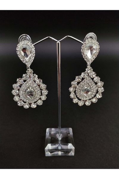 Türkay Aksesuar White Crystal Stone Henna Wedding Bridal Earrings