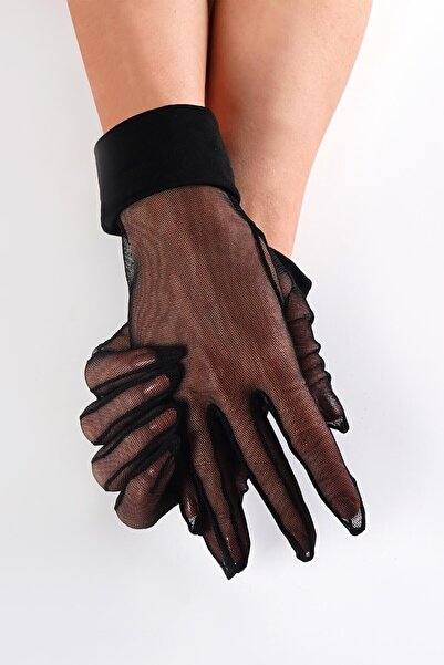 Hayalperest boncuk El Aksesuarı Siyah Düz Saten Detaylı Gelin Eldiveni