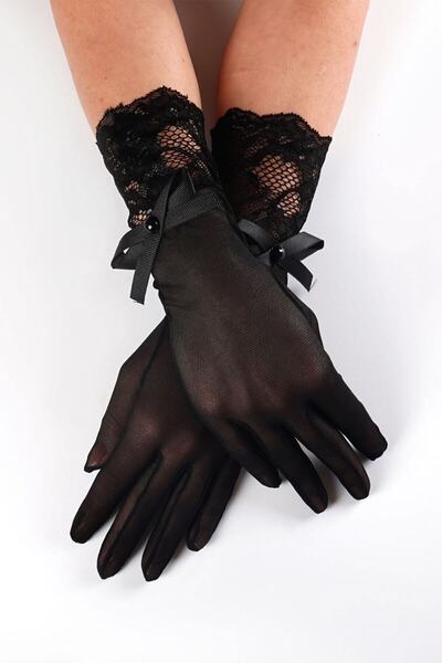 Genel Markalar Gelinlere Özel Siyah Bileği Dantelli Ve Fiyonklu Gelin Eldiven...