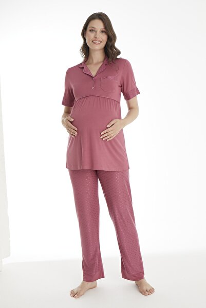 Miss Dünya Lissa طقم بيجامة للحوامل والأمهات بياقة قميص بلوم