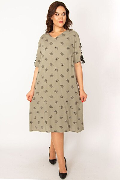 Şans Жіночий великий розмір хакі тканий віскозний одяг з мереживною обробкою коміра 65n33533