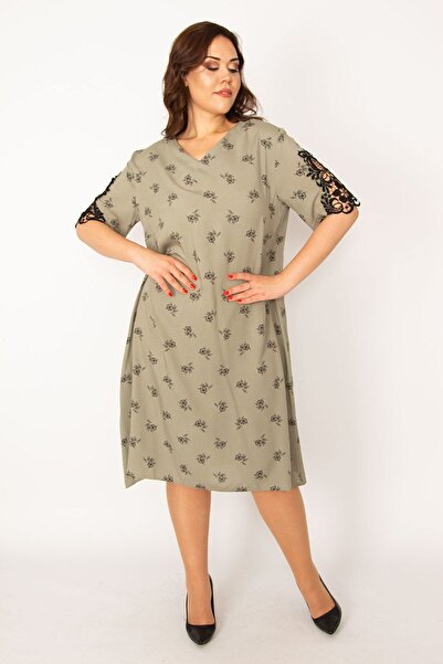 Şans Жіночий великий розмір хакі тканий віскозний одяг з мереживною обробкою коміра 65n33533