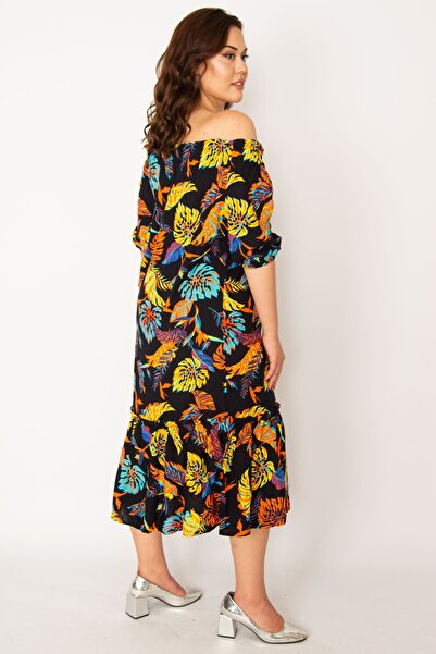 Şans Women's Large Size Colorful Karmen Collar Hemline Layered Woven Viscose Fabric Long Dress 65n33430