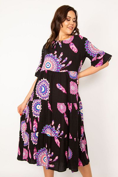 Şans Women's Large Size Colorful Woven Viscose Fabric Collar Lace Up Layered Dress 65n33459