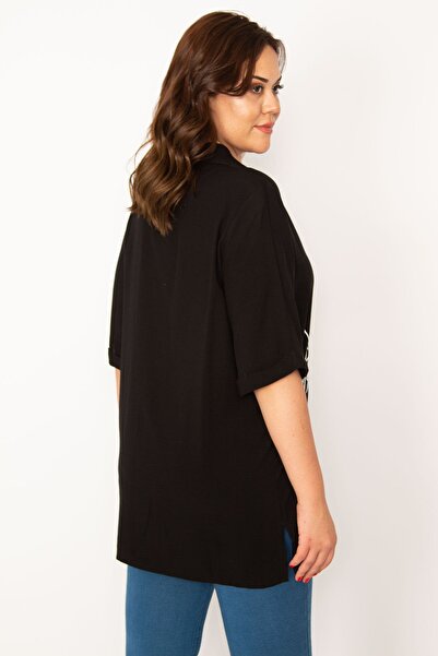 Şans Γυναικείο πουκάμισο μεγάλου μεγέθους μαύρο μπροστά με κουμπιά Λεπτομερές υφαντό πουκάμισο από ύφασμα βισκόζης 65n33535