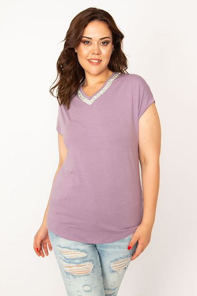 Şans Women's Large Size Lilac Collar Cast Stone Viscose Blouse 65n33546