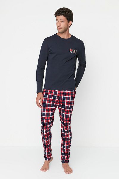 Trendyol Collection Férfi sötétkék normál szabású kockás pizsama szett - 100% pamut THMAW22PT0431