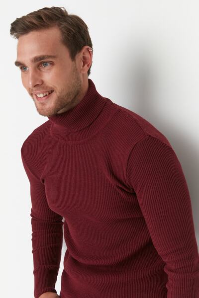Trendyol Collection Turtleneck Burgundy Corded Sweater - Cotton, Slim Fit Tmnaw20Mg0031