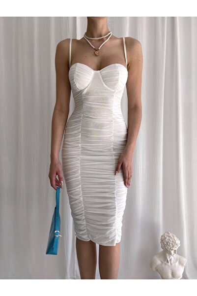 Afiş Butik Beyaz Ince Askılı Full Drapeli Elbise