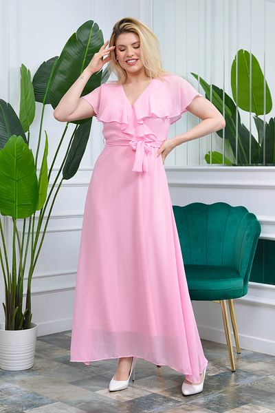 Neşeli Butik Rochie lungă din șifon, pudră, cu rever, cu șireturi