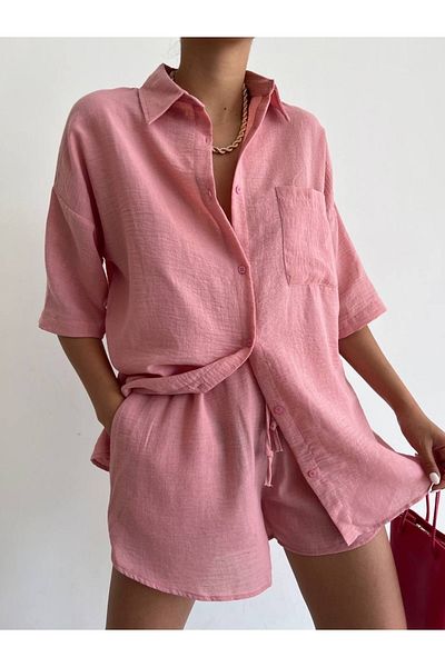 LB Laluna Butik Γυναικείο Σετ Σορτς Πουκάμισο Oversize από ύφασμα Dusty Rose