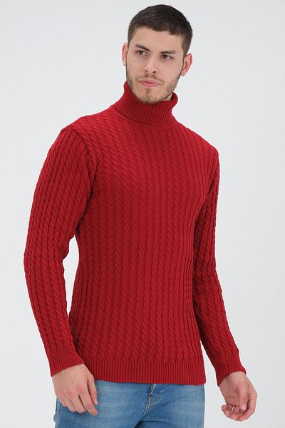 1000LAKE Men's Red Full Turtleneck Hair Knitted Knitwear Sweater