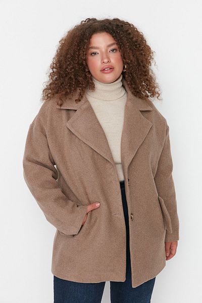 Trendyol Curve Plus Size Coat - Brown - Double-breasted