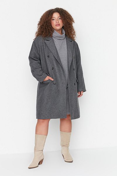Trendyol Curve Plus Size Coat - Gray - Double-breasted
