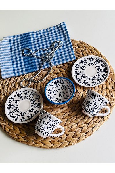 Den Tasarım Hediyelik Mother's Day Special Hand Embroidered Blue 2-Person Coffee Cup Set and Bowl