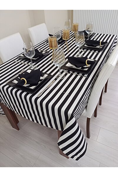 Zeren Home Siyah Beyaz Çizgili Sıvı Geçirmez Dertsiz Masa Örtüsü