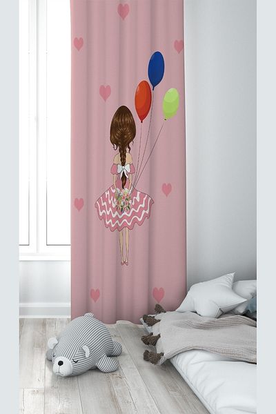 on the clouds Fată ținând în mână un balon roz, imprimare digitală cu model, lavabilă, perdea de fundal pentru cameră pentru copii