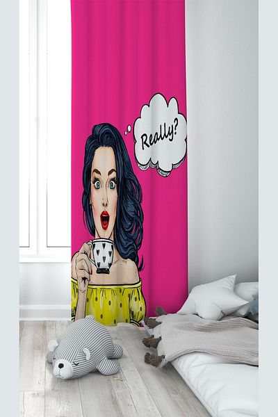 on the clouds Pink Confused Girl Patterned Digital Printing Washable Baby Kids Room Background Curtain