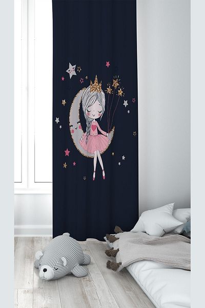 on the clouds Girl Sitting on the Moon with Dark Blue Background Patterned Digital Printing Washable Baby Kids Room Background Curtain
