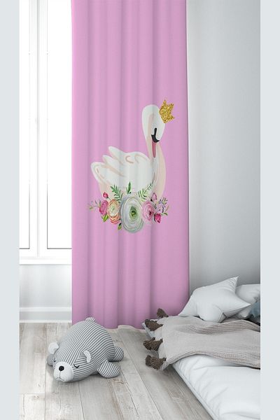 on the clouds Pink Swan Patterned Digital Printing Washable Baby Kids Room Background Curtain