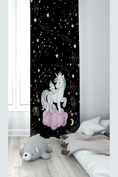 on the clouds Black Unicorn Patterned Digital Printing Washable Baby Kids Room Background Curtain